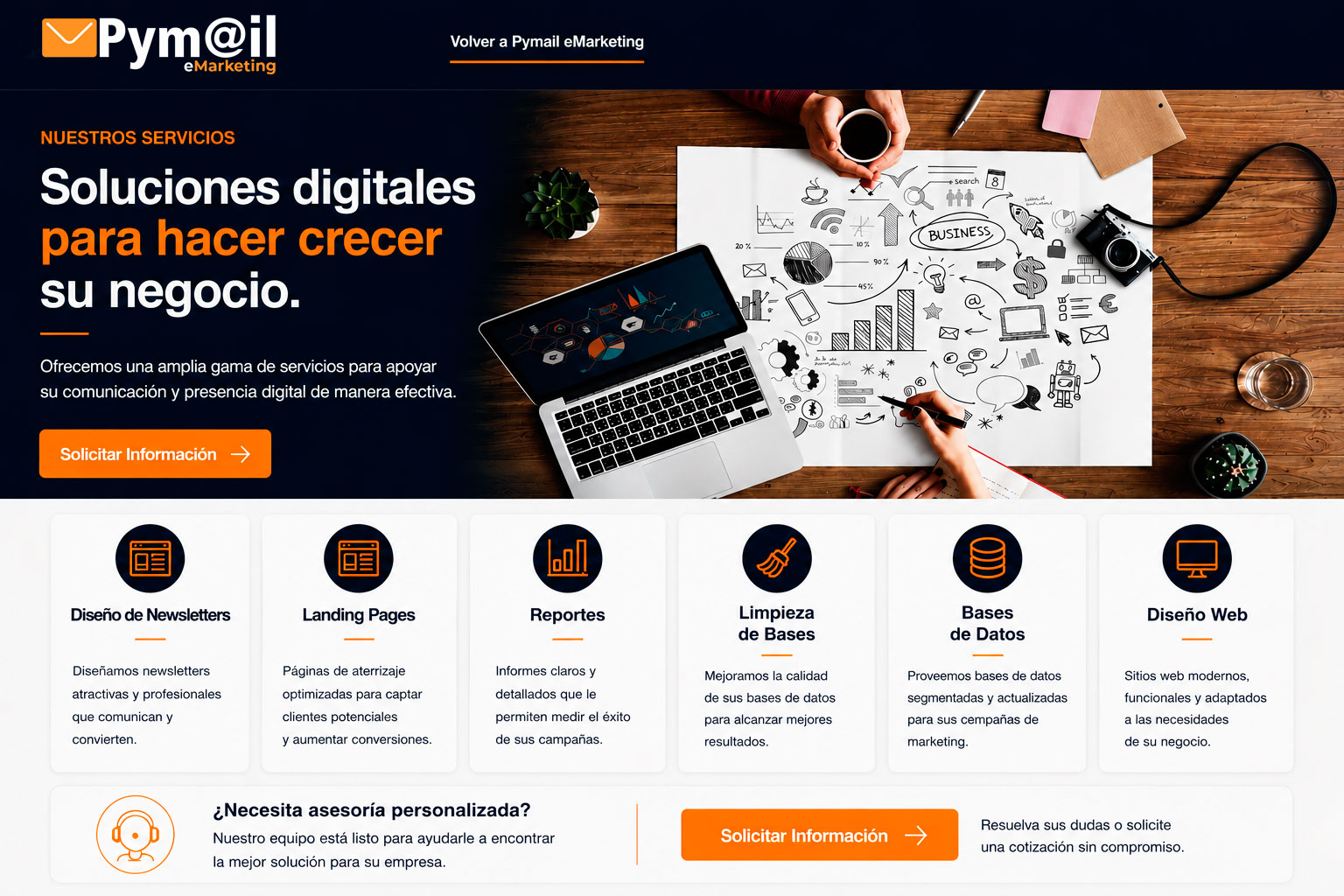 Servicios adicionales de Pymail: diseño de newsletters, landing pages, reportes, limpieza de bases, bases de datos y diseño web